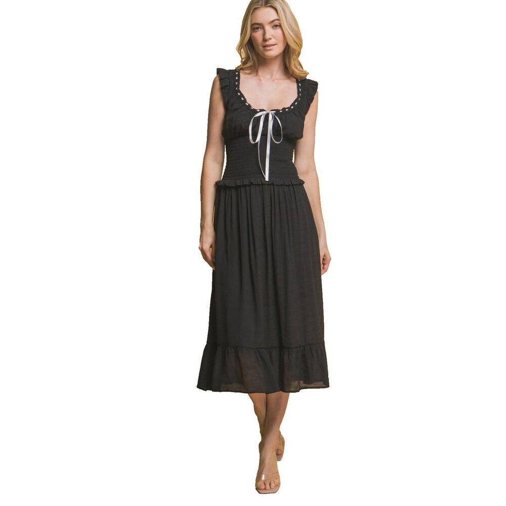 Love Tree Women's Smocked Ruffle Ribbon Trim Midi Dress size M NWOT Cottagecore